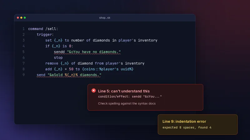 Skript shop script with two lines underlined in red and error tooltips explaining each problem