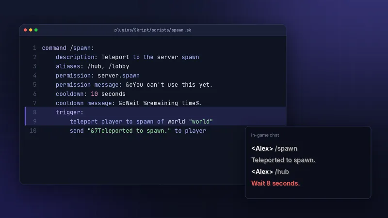 Skript spawn command with aliases, permission and cooldown, beside in-game chat showing the cooldown message
