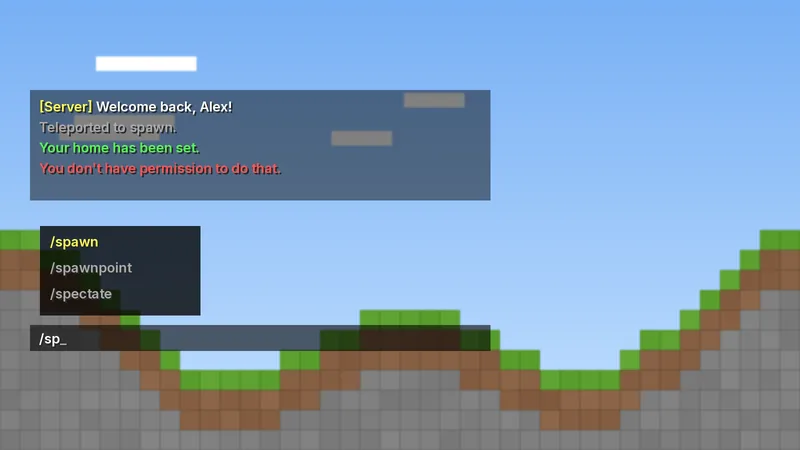 Minecraft chat with tab completion suggesting /spawn while a player types /sp