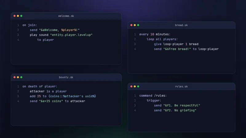 Four small Skript code windows: a welcome script, a bread timer, a bounty and a rules command