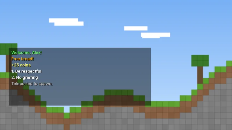 Minecraft world with chat showing results of the beginner Skript examples