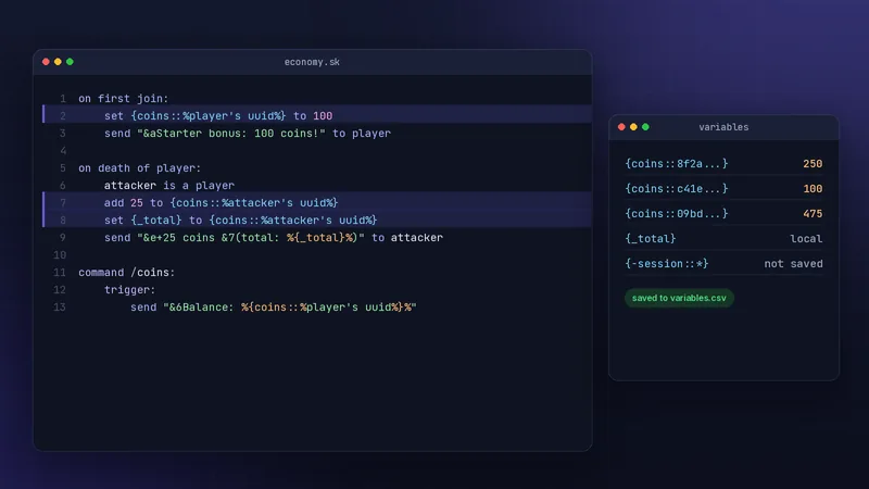 Skript economy script using coin variables beside a variable inspector panel
