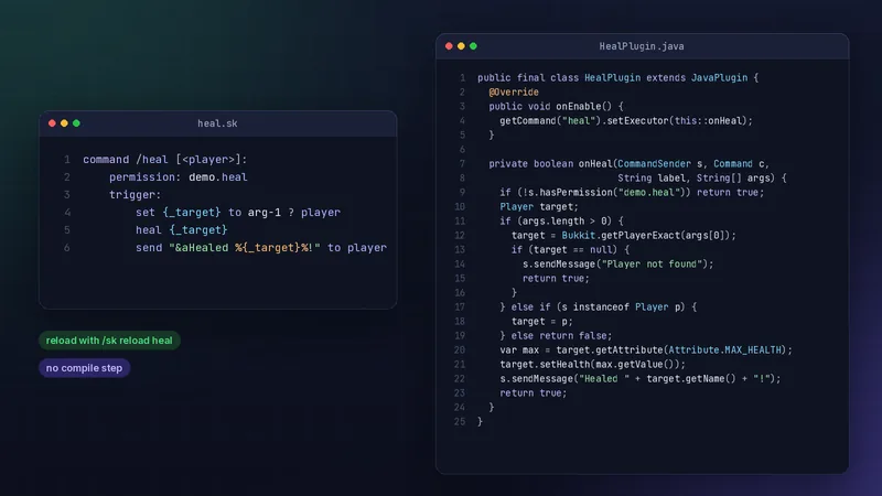 Short Skript heal command beside a much longer Java plugin class doing the same job