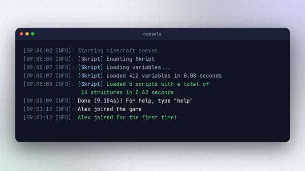 Minecraft server console showing Skript loading 5 scripts at startup