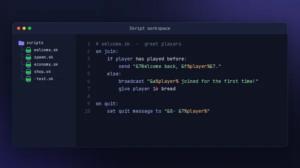 Skript code editor showing a welcome.sk script with join and quit events