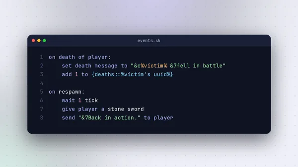 Skript event script handling player death and respawn