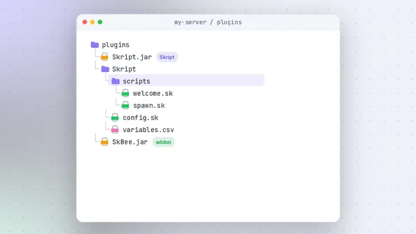 Server plugins folder with Skript.jar, the Skript folder and scripts subfolder