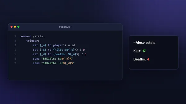 Skript stats command reading kill and death variables, with chat output